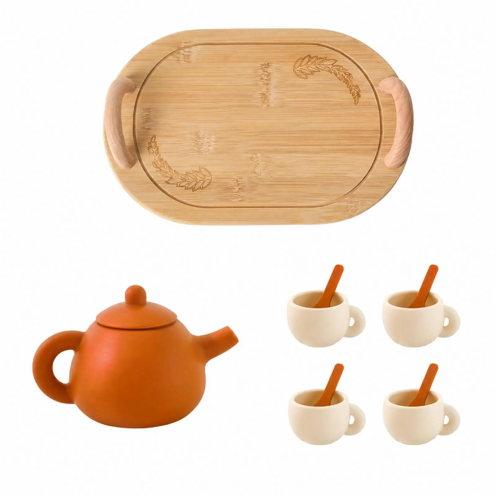 Mini Tea Set for Kids Wooden Silicone Teapot Cups Spoons Play Kitchen Accessory for Toddlers Tea Party Pretend Games Educational