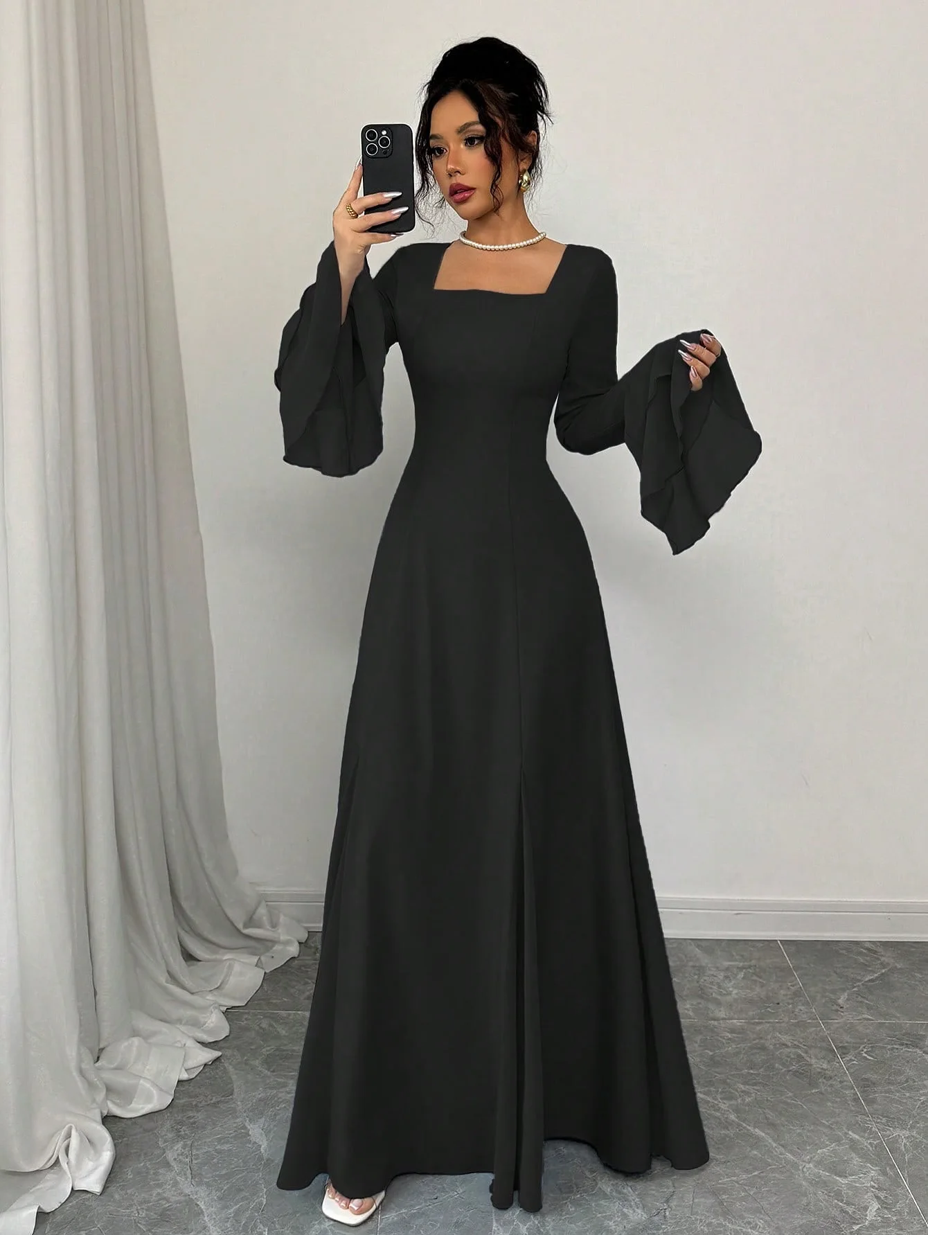 

Customized Elegant Square Neck Black Prom Gown Women's Long Sleeve Party Evening Dress Floor Length Formal Occasion Dresses