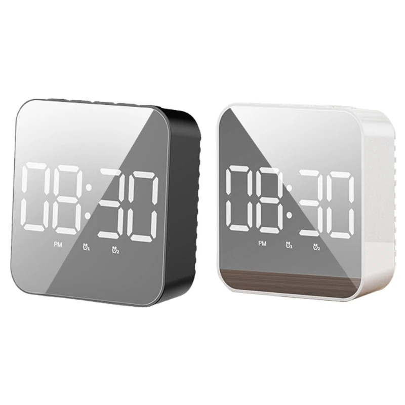 LED Digital Mirror Clock with Voice Activated 2 Alarms Temperature Display Adjustment Brightness for Bedroom Table Clock