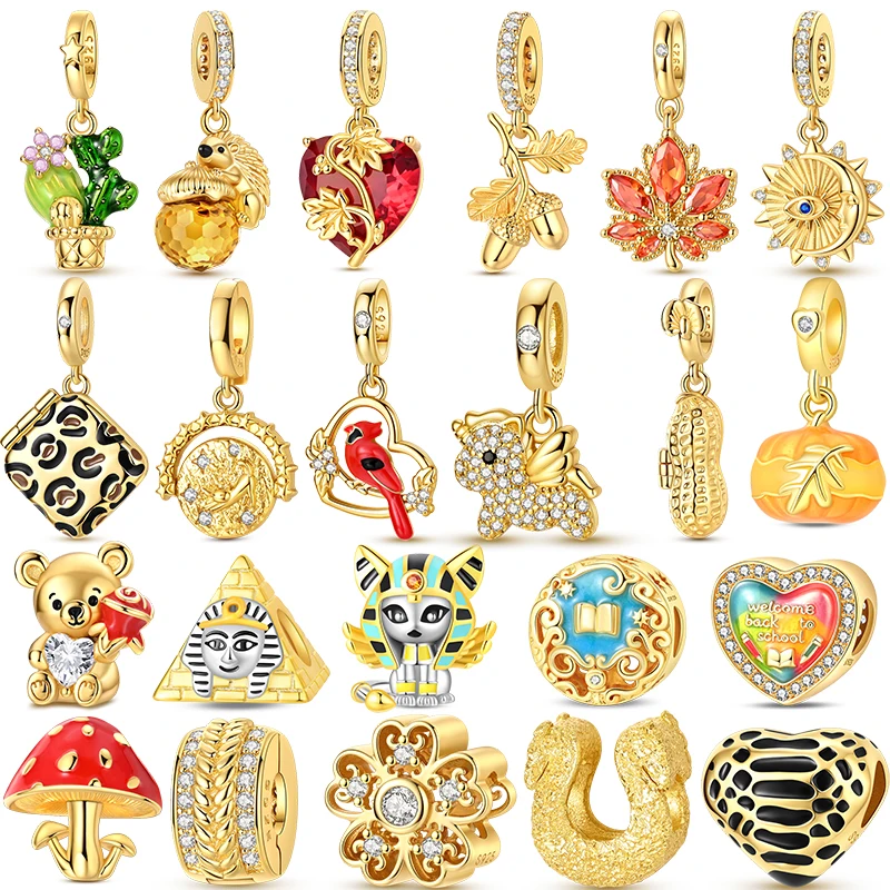 Breloques en argent sterling 925 de la série dorée : petit ours, pyramide, chat, feuille d'érable, abeille – Perles compatibles avec bracelet original, cadeau de bijoux DIY