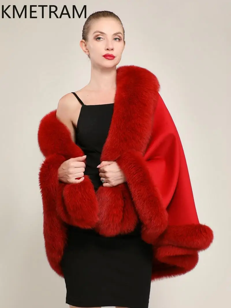 90% Wool + 10% Cashmere Cloak with Fox Fur Collar Short Real Fur Coat Woman Winter Red Party Shawl Coats Women Clothing 2025