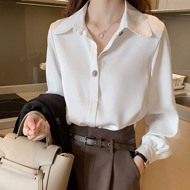 PLAZSON Long Sleeve Blouse Women Blusas Mujer De Moda 2023 Chiffon Blouse Shirt Turn Down Collar Office Blouse Women Tops Blusa