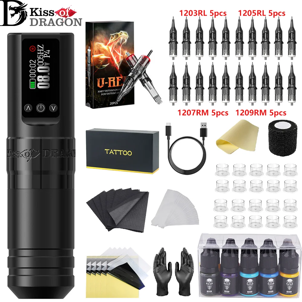 

Kiss of Dragon Tattoo Kit Wireless Tattoo Pen Full Kit 3.5mm Stroke Custom Motor 1600mAh Power For Tattoo Gun Kit