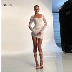 OLOEY Sexy Full Lace Short Wedding Dresses With Jacket Long Sleeves Boning Mini Bridal Gowns Robe de mariage Party Customized