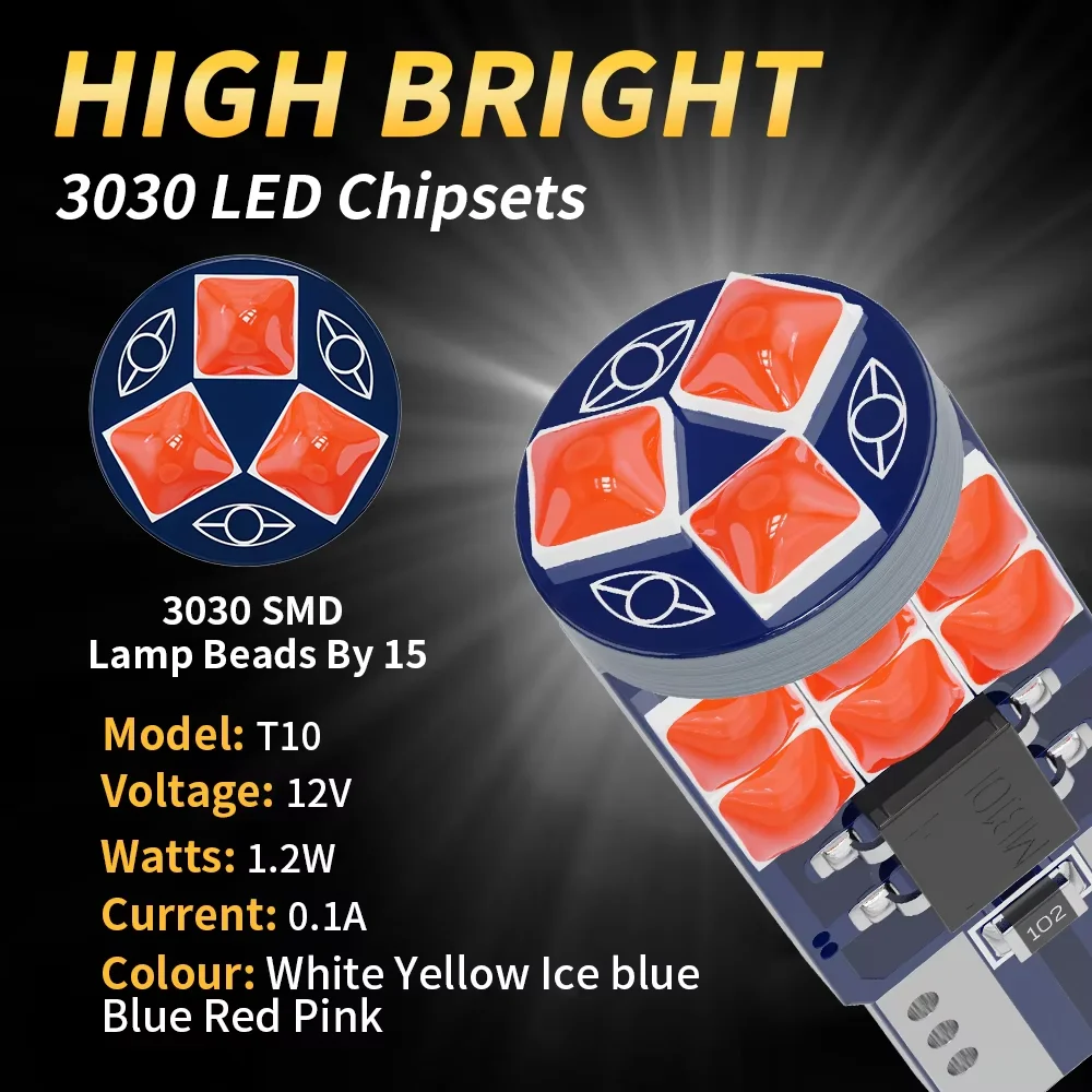Oprah 2PCS T10 W5W LED Bulbs Canbus 3030 15SMD Super Bright Auto Interior Reading Wedge Lamp Side Parking Bulb 12V 6000K White