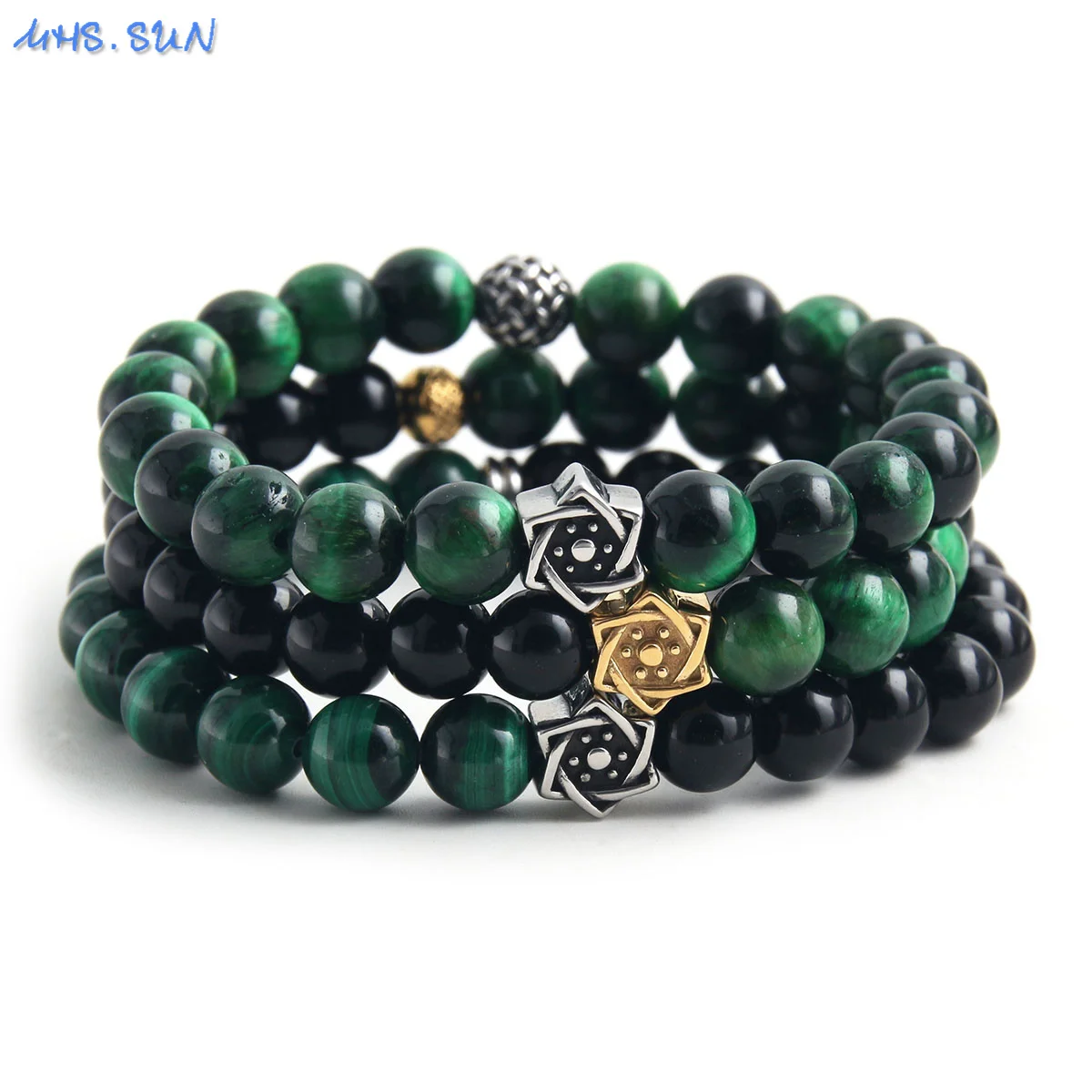 MHS.SUN Black/Green Natural Stone Beaded Bracelet Fashion Stainless Steel Elastic Bracelets Party Jewelry For Women Men