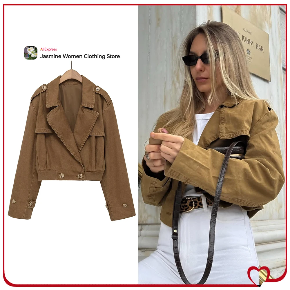 

Стильные короткие тренчи для женщин: коричневый двубортный тренч с эластичным низом, винтажный воротник с лацканами, верхняя одежда