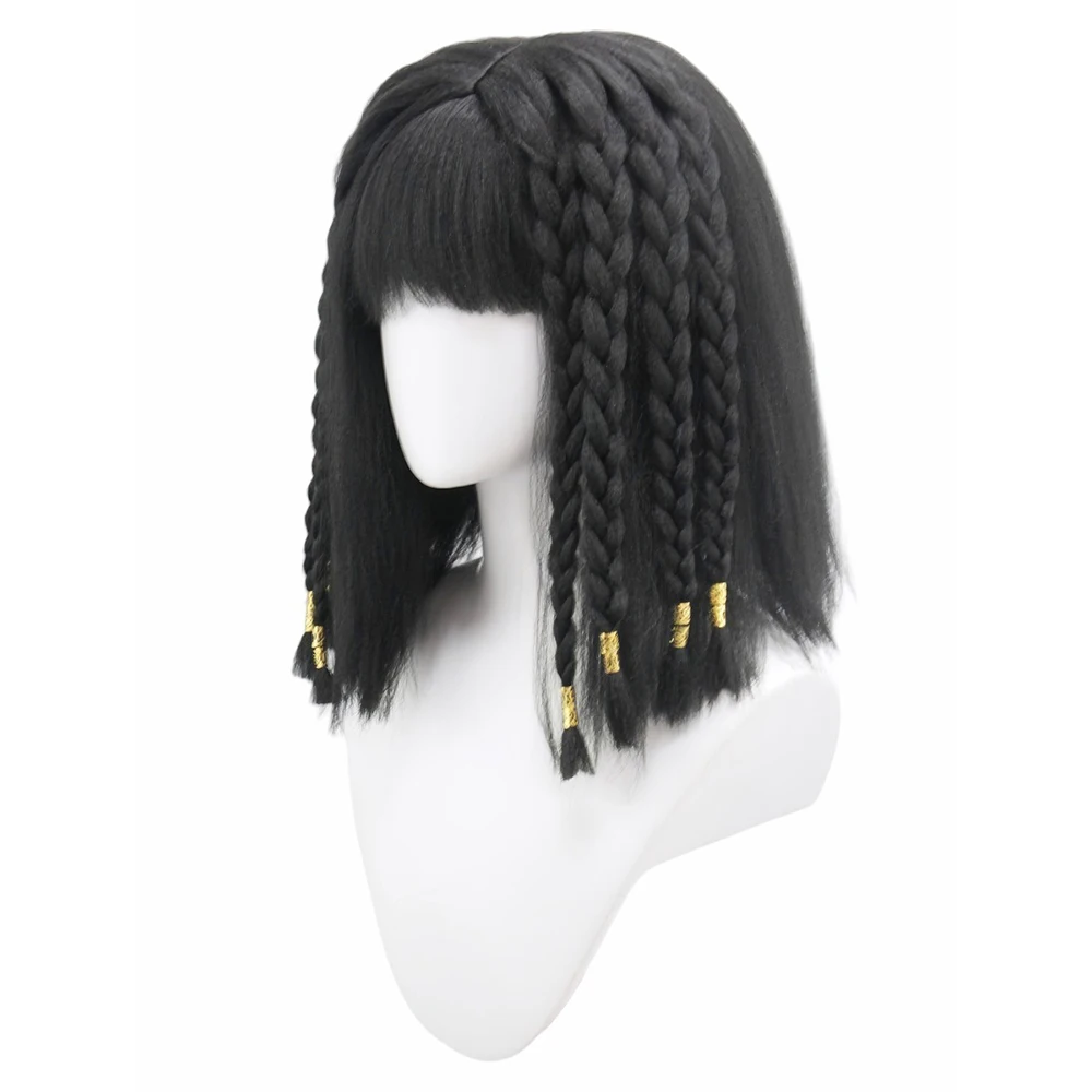 Cleopatra Black Cosplay Wig Straight Bangs Braid Woman Short Hair Stage Performance Masquerade Whole Wig Button Net 13inch