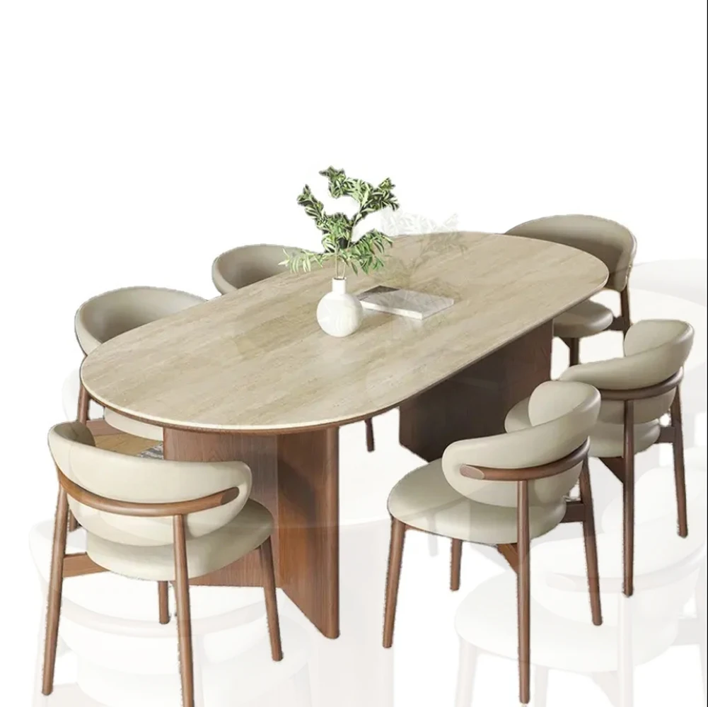 Afbeelding 4: Franse moderne design high-end eettafel met midden-antieke ovale travertijn leisteen bamboe stoel massief houten meubelen
