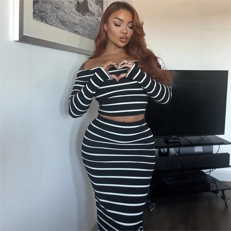 

Autumn New Stripe Skirt 2 Piece Sets Woman 2025 Sexy Slash Collar Long Sleeve Tops & Hip Wrap Skirt Matching Sets Women Outfits