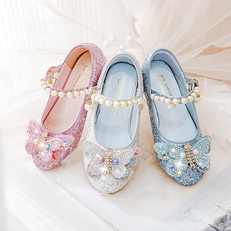 Children High Heels Kids Princess Dance Crystal Girls Leather Shoes Colored Diamond Butterfly Fashion Student Performance Shoes