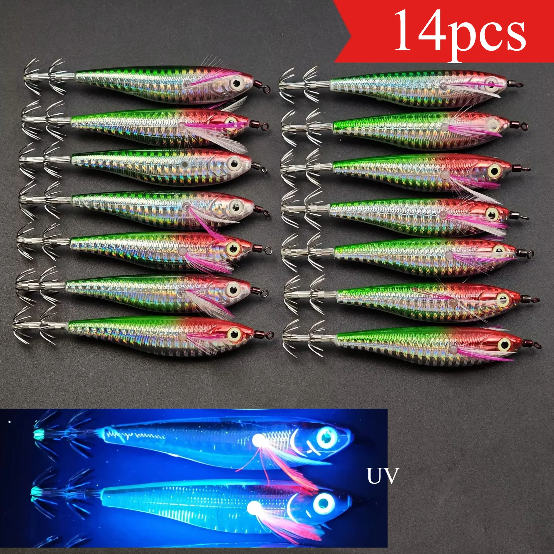 Fishing Hook Jig - 14-teiliges Set 10cm/9g Leuchtende Garnelen-Angelköder, Tintenfisch-Jighaken,