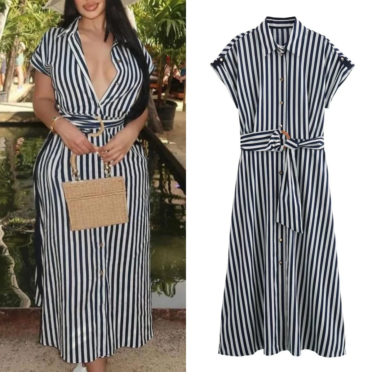 

TRAF linen striped shirt dress women's short-sleeved belt mid-length dress lapel button slit casual vacation long dress 2024