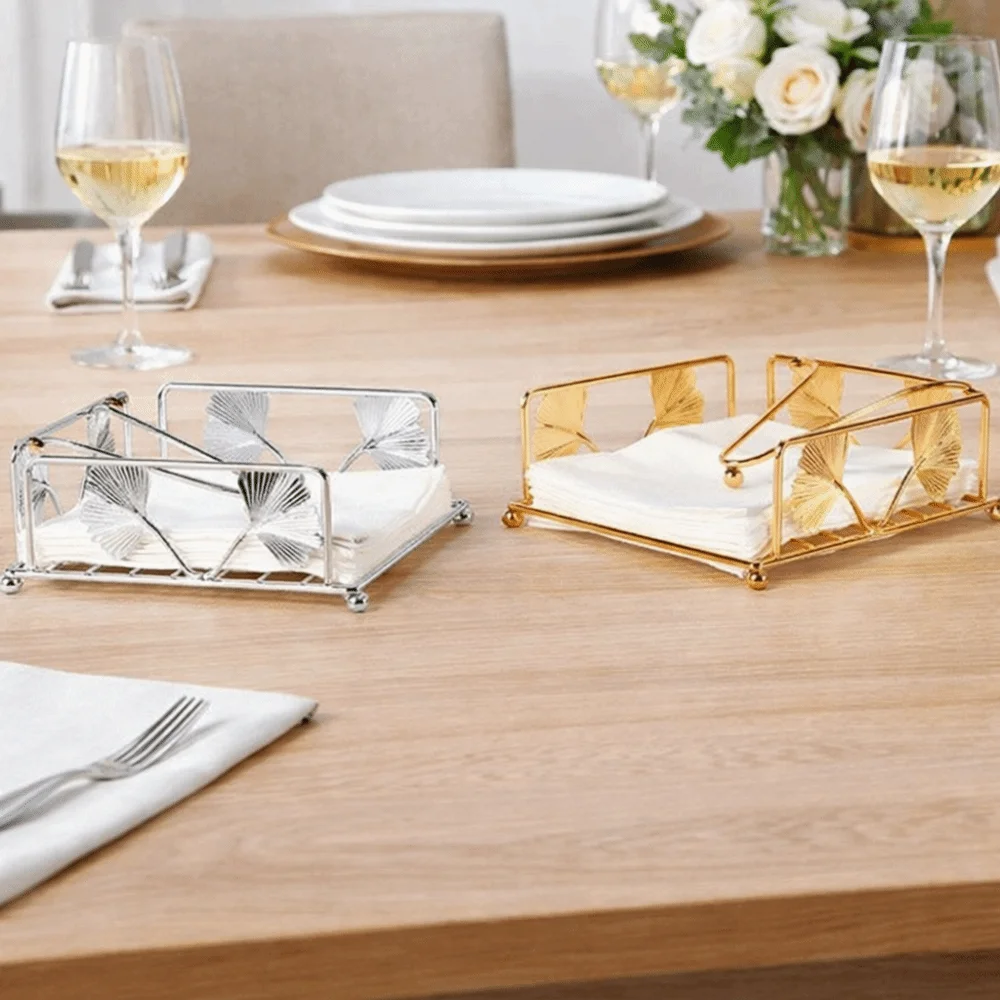 Sturdy Vintage Napkin Holder Hollow Out Ginkgo Pattern Napkin Tray Square Decorative Napkin Holder Desktop Placement view 2