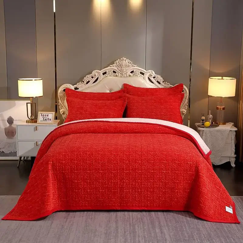 

2025 new AB surface high gram weight solid color yarn-dyed bed cover high density milk fleece bed cover three-piece set