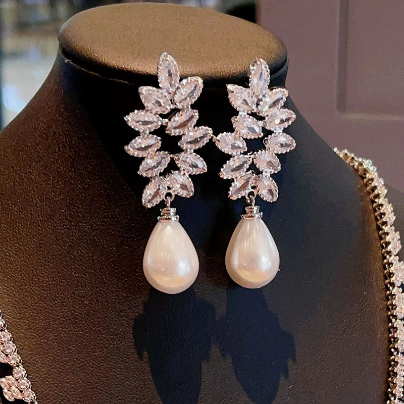Huitan Sparkling Imitation Pearl Dangle Earrings for Women Crystal CZ Aesthetic Bridal Wedding Earrings Gift New Trendy Jewelry