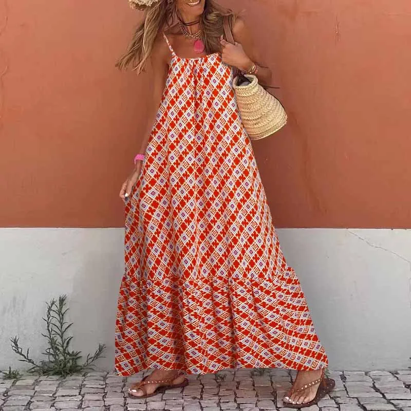 Abiti estivi casual larghi da donna Abito lungo senza maniche floreale bohémien Abito estivo sexy con cinturino per spaghetti senza schienale Vacanza al mare