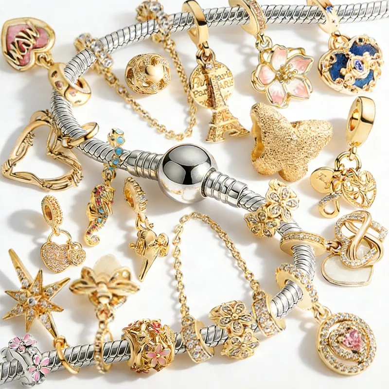 

Hot Sale DIY Gold Sparkling Flower Multiple series Charm Bead Clip Pendant Fit Original Snake Bone Bracelet Trinket Jewelry Gift