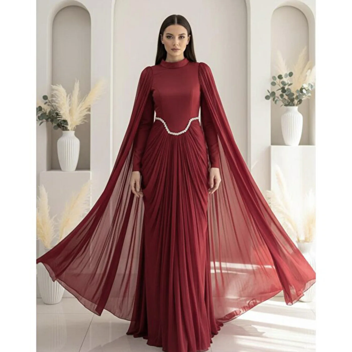 

Eid Long Sleeve High Neck Modest Dress for Muslim Women Luxury Dubai Abaya Elegant Holiday Outfit New in Turkey Kaftan Robe