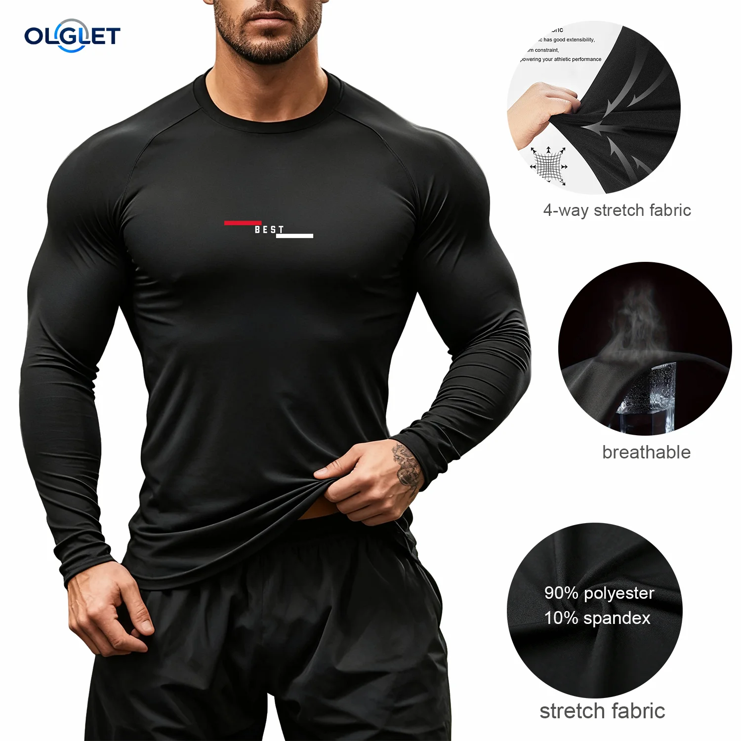 

Men's Gym Compression T-Shirt Quick Dry Long Sleeve Elastic Workout Top Breathable Fitness Tee