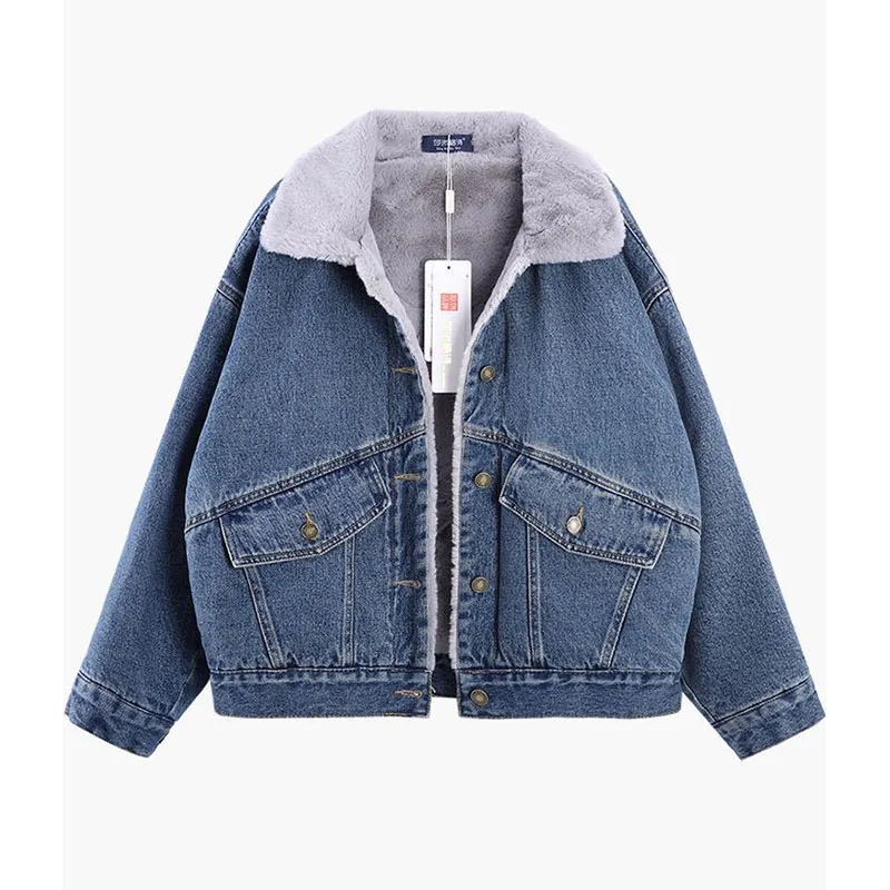 Autumn Winter New Short Denim Velvet Jacket Women's Korean version Fashion Loose Slimming Versatile Thicken Warm Cotton Jackets