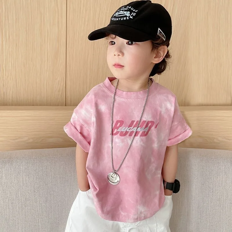 2025 New 100% Cotton Kids Tie Dye Short Sleeve T-Shirt Summer Boys Girls Clothing