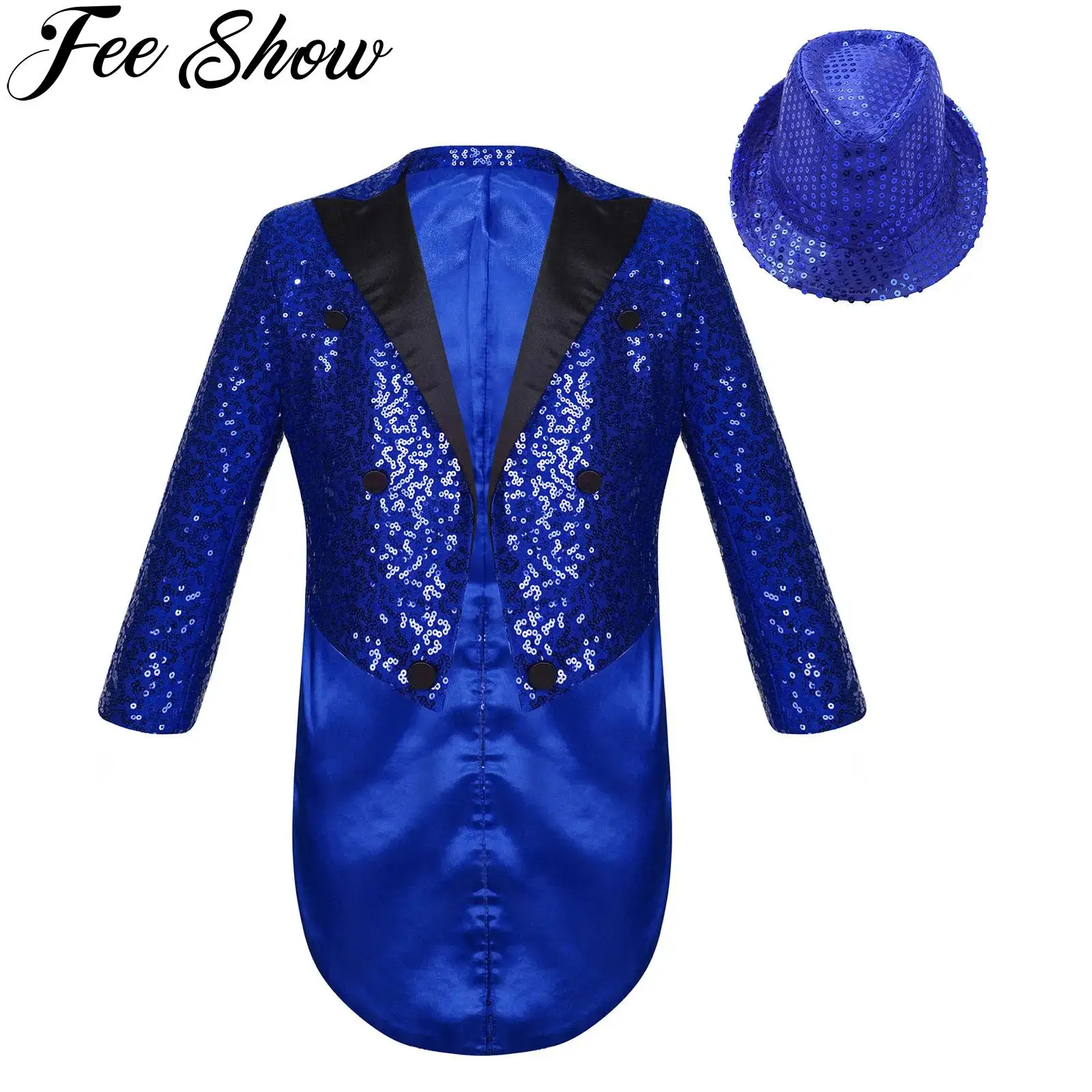 

Kids Boys Sequins Tailcoat Jacket Magic Shows Jazz Dance Performance Costume Wedding Birthday Party Blazer Tuxedo Coat with Hat
