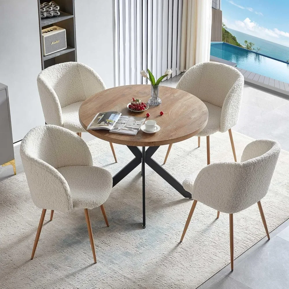 5 Pieces Round Dining Table and Upholstered Chairs for Four Person, MDF Table-top, Off White Faux Fur Armchairs