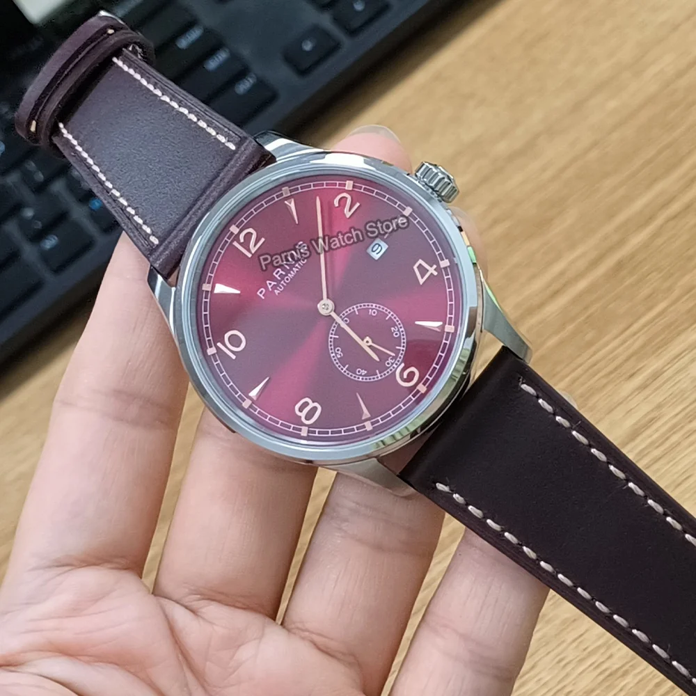 Parnis 41.5มม. นาฬิกาข้อมือแบบลำลองสำหรับผู้ชายสายหนังสีน้ำตาล
