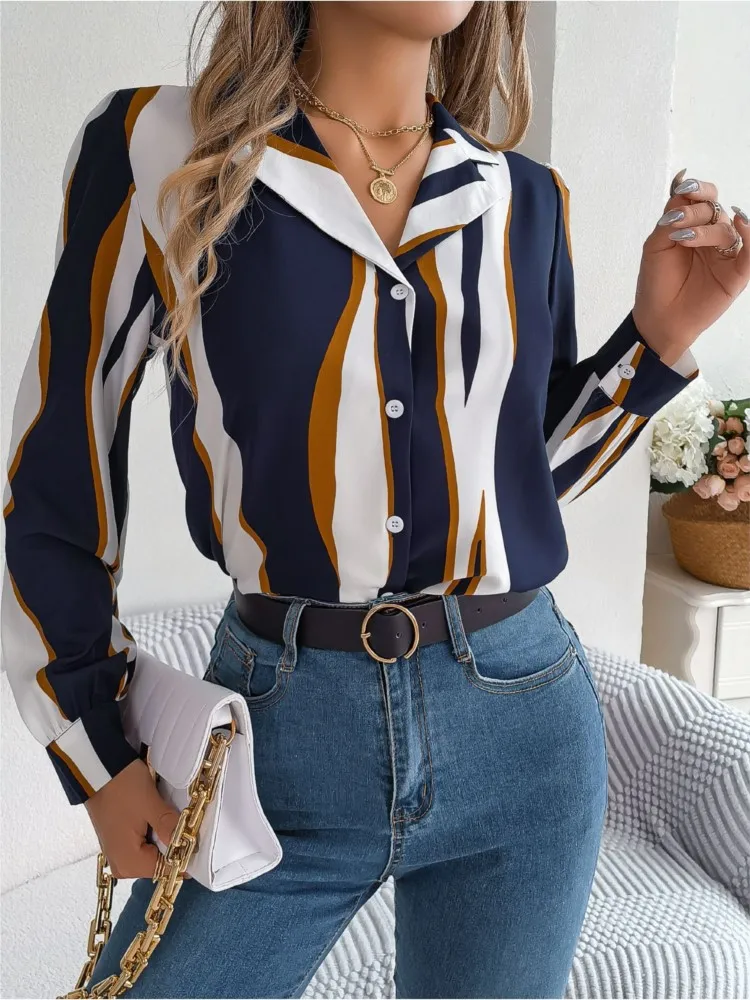 

Women Casual Shirts V-neck Long Sleeve Loose Striped Printed Blouse For Spring Autumn Office Ladies Elegant Single Breasted Tops