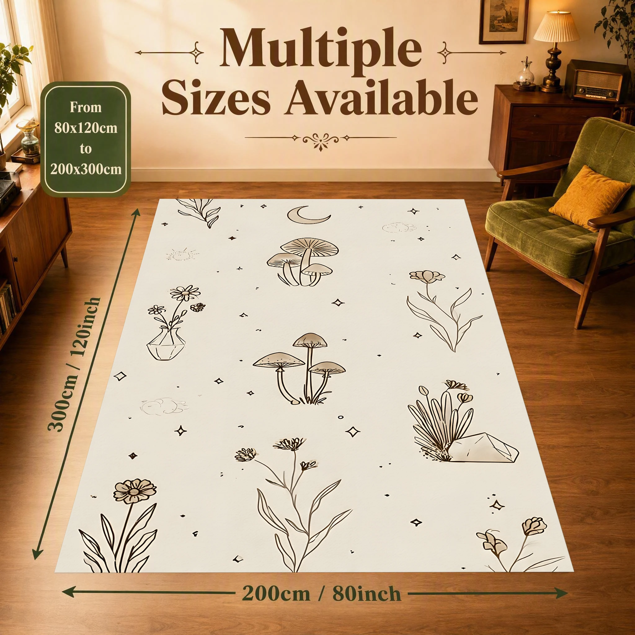 2D Large Carpet Line Drawing Mushroom Flower Star Moon Gentle Natural for Living Room Bedroom