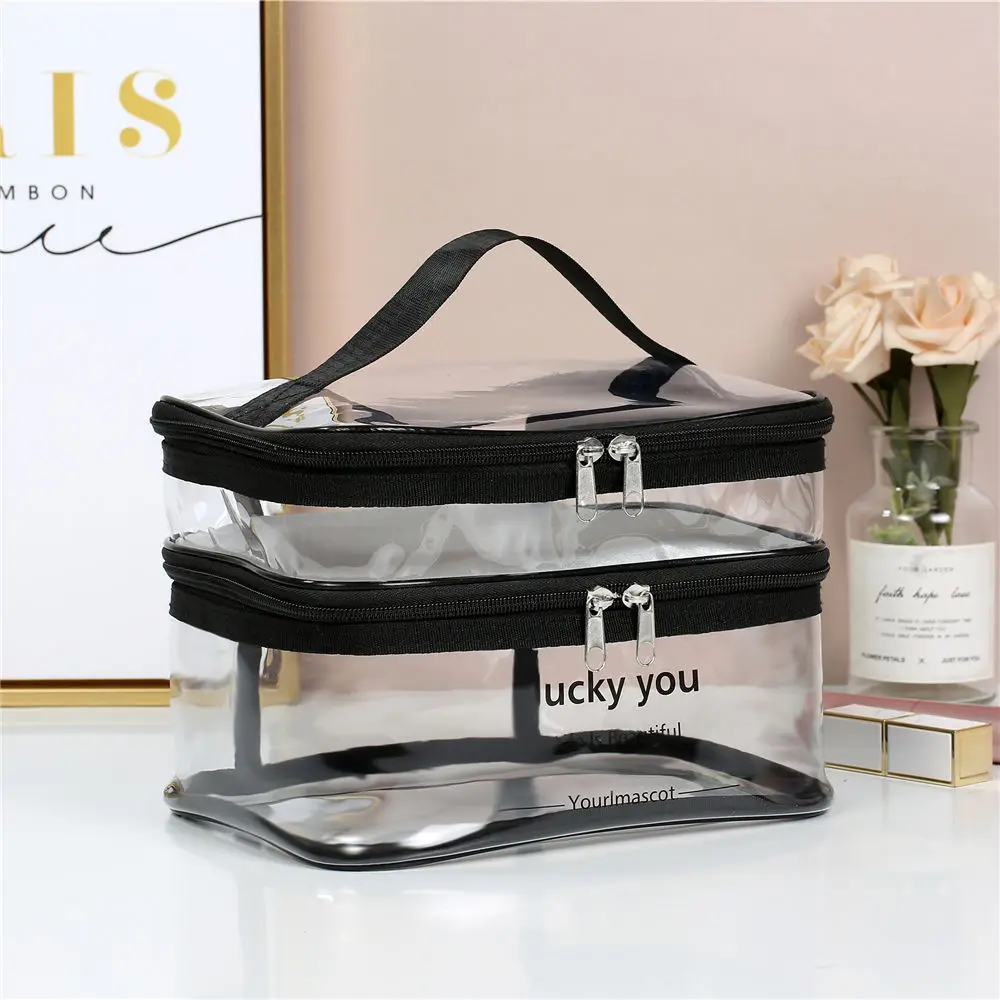 1Pc Double layer transparent makeup bag, large capacity portable toiletries bag box, waterproof cosmetics travel storage bag