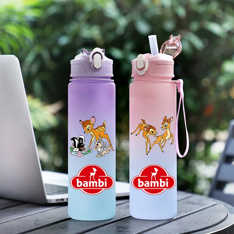 750Ml Disney Bambi Plastic Gradient Color Straw Water Cup Sport Water Bottle High Value Outdoor Large Capacity Camp Drink Bottle