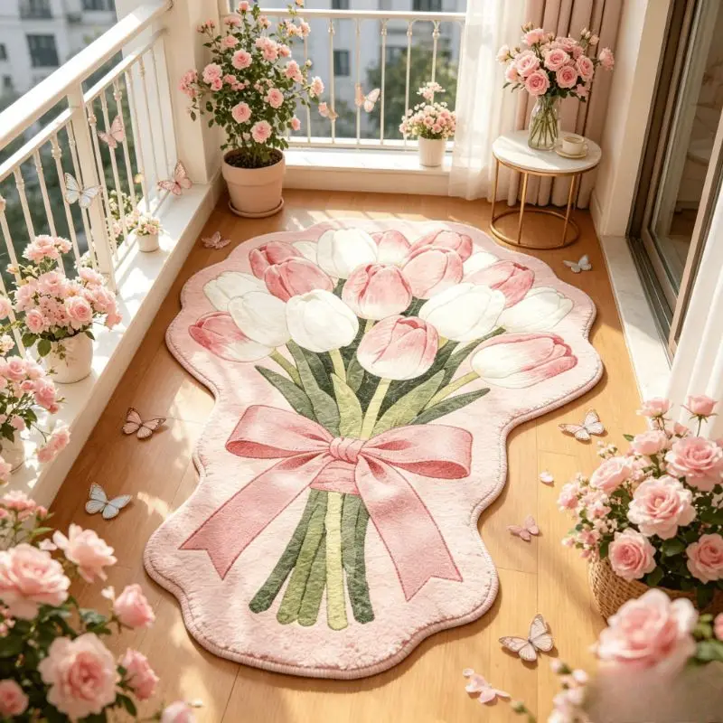 VIKAMA Irregular Flower Bouquet Rug Non‑Slip Cute Floral Floor Mat for Bedroom Balcony Indoor Home Decor