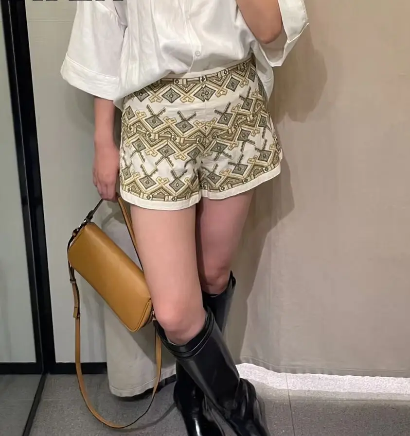 KONDALA 빈티지 여름 캐주얼 자수 여성 반바지 패션 2025 스트리트웨어 반바지 기하학적 시크 휴가 보헤미안 여성 반바지