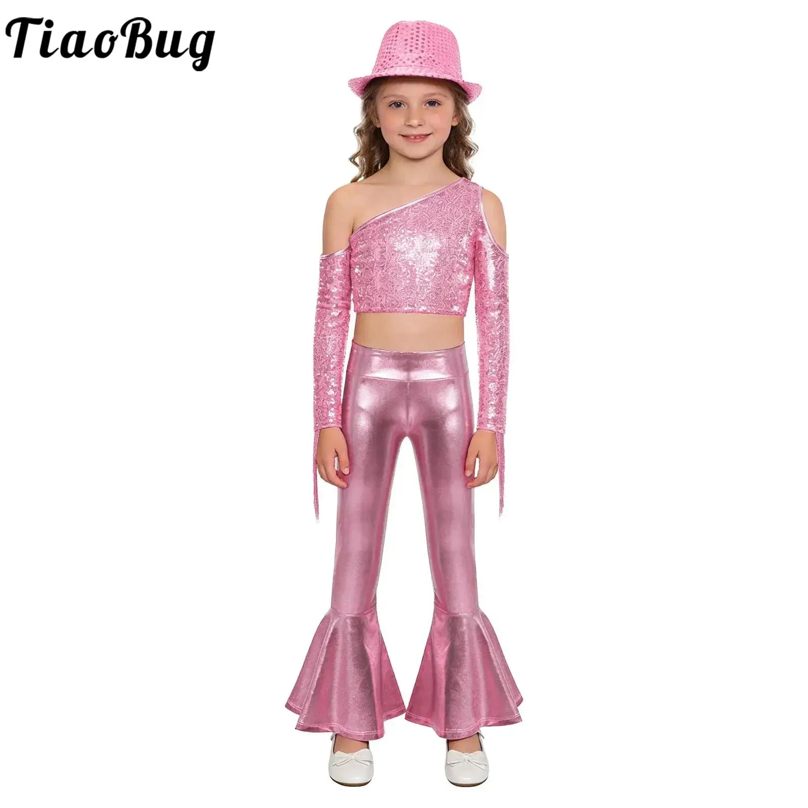 

Kids Girls Jazz Dance Performance Costume 70s Disco Stage Outfits Long Sleeve Shiny Sequin Tassels Crop Top with Pants and Hat