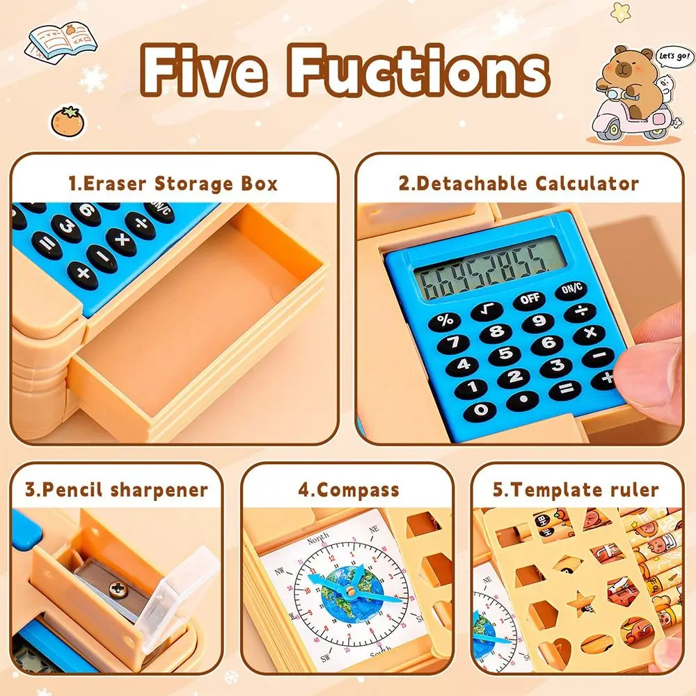 Plastic Pencil Case With Calculator/Pencil Sharpener Fun Mechanism Design Stationery Storage Box Multi-Functional Large Capacity