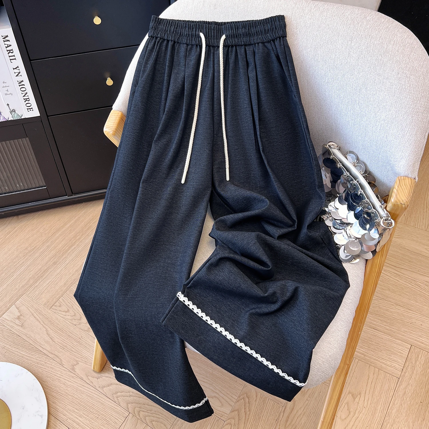 Autumn 2025 New Sle Women's Wide Leg Jeans Casual High Waist  Denim Lace Design Color Blo Dstring Straight Cut