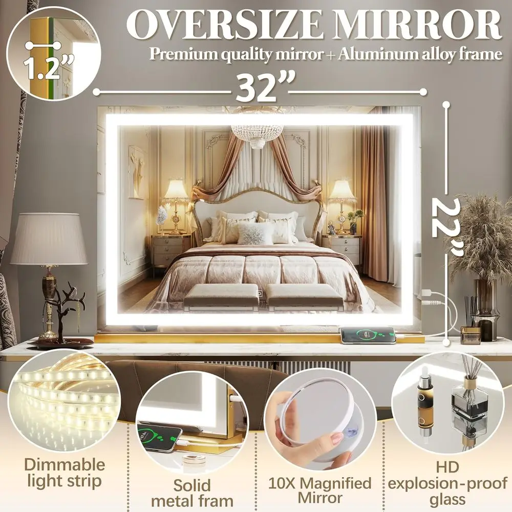 مرآة زينة مضاءة LED 32 × 22، تحكم باللمس، خيارات 3 ألوان، تكبير 10X، منفذ USB، إطار ذهبي مربع #6