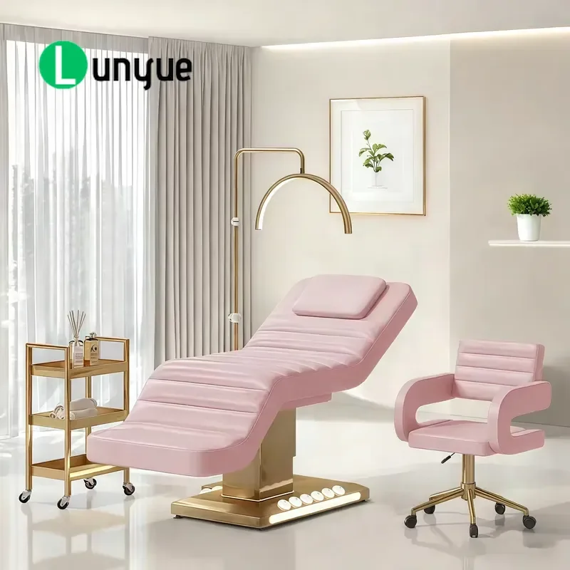 Luxury Gold Base Curved Electric Eyelash Bed 3 Motors Pedal Control LED Lights Beauty Massage Table for Spa