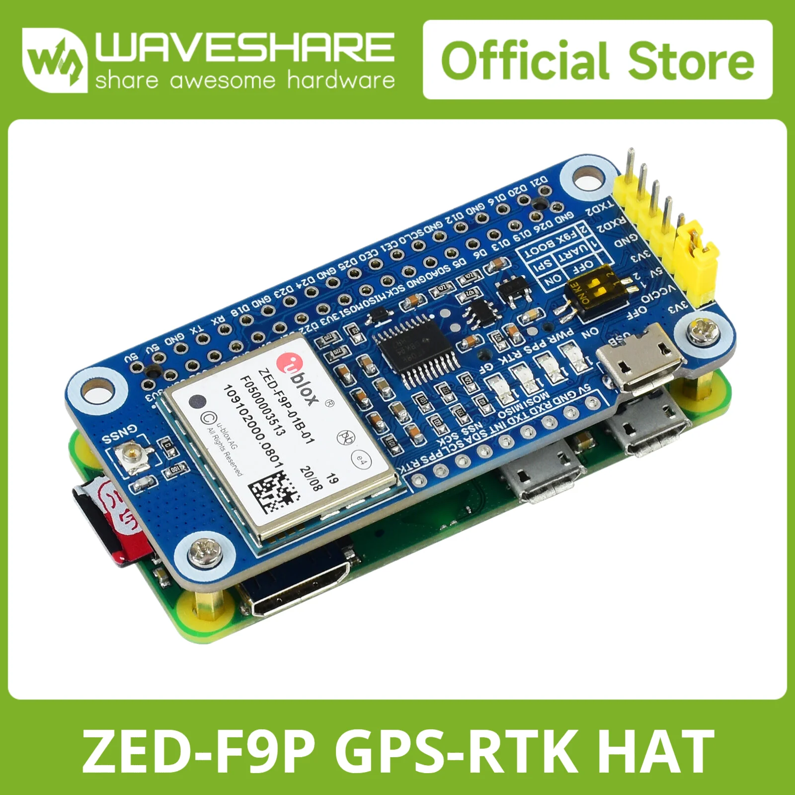 

Waveshare ZED-F9P GPS-RTK HAT for Raspberry Pi, Centimeter Level Accuracy, Multi-Band RTK Differential GPS Module