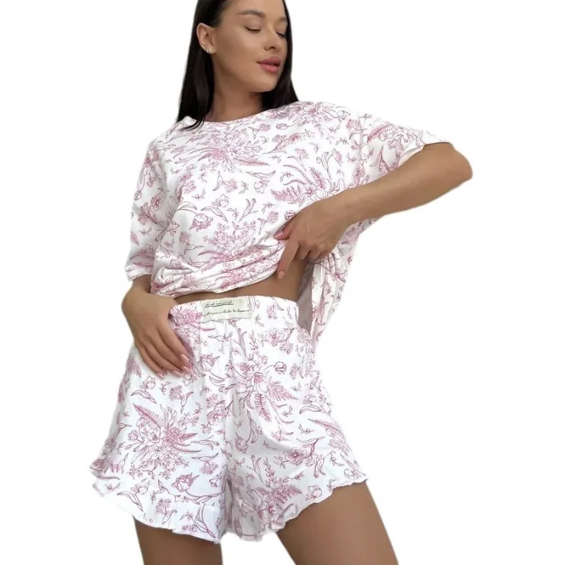 أزياء الصيف المرأة المتسكعون جولة الرقبة قصيرة الأكمام كشكش حافة السراويل محبوك مطبوعة عارضة منامة قطعتين مجموعة