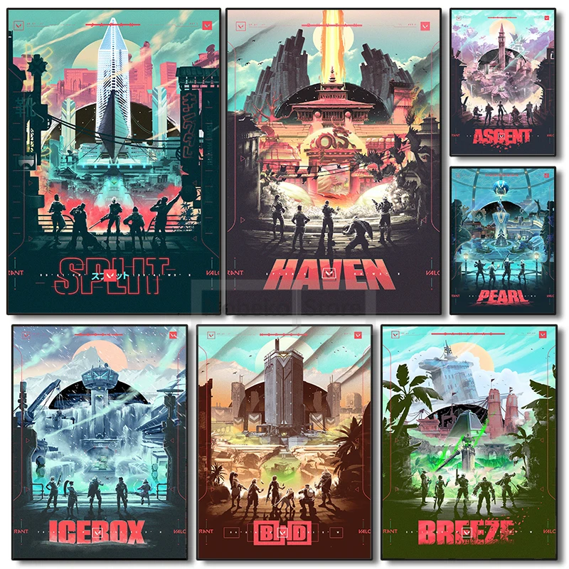 Póster de mapa Valorant de juegos de tiro populares, impresiones de perlas Icebox, refugio, lienzo, pintura, arte de pared, imágenes, decoración del hogar y sala de estar