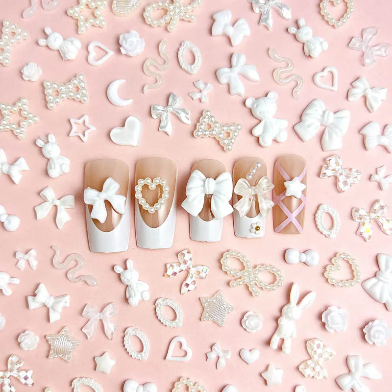 50PCS Mixed Design White 3D Nail Art Charms Bow Love Heart Stars Pearl Accessories Parts For Nails Decoration Manicure Supplies