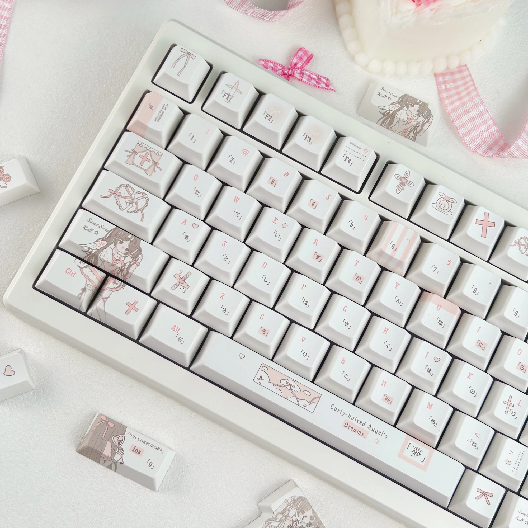 MAIMOOO Curly-Haired Angel Keycap Cherry PBT Custom White Pink Cute Lolita Girl Korean/Russian/Thai Mechanical Keyboard Keycaps
