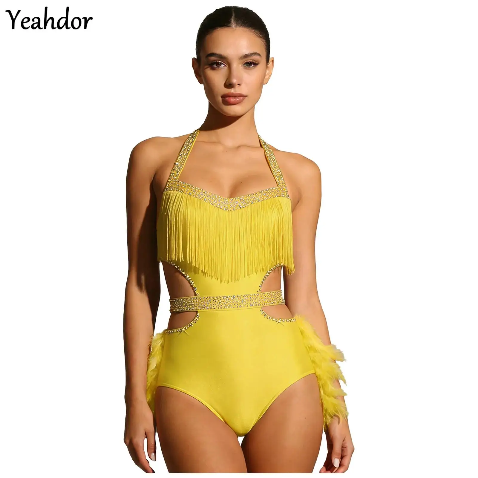 

Women Latin Dance Leotard Dress Rhinestone Feather Halter Tassels Bodysuit Skating Tango Cha-Cha Rumba Spanish Dance Costume