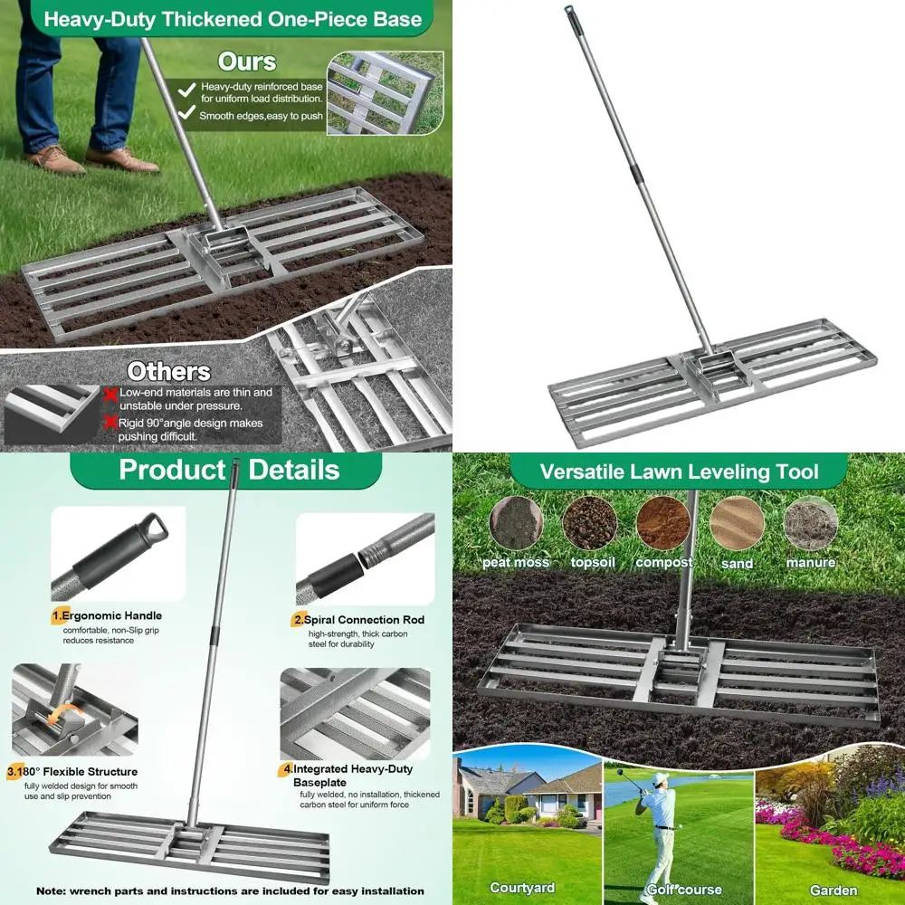 Rastrillo Nivelador de Césped Resistente de 36x10 Pulgadas para Tierra, Arena y Grava con Mango Ajustable para Uso en Jardín y Patio