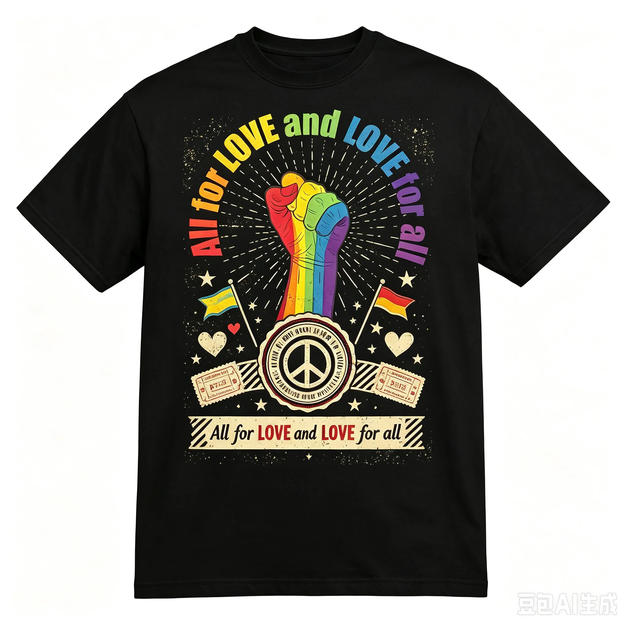 Men All For Love And Love For All Graphic T‑Shirt Rainbow Fist Peace Sign Retro Badge Crew Neck Short Sleeve Tee