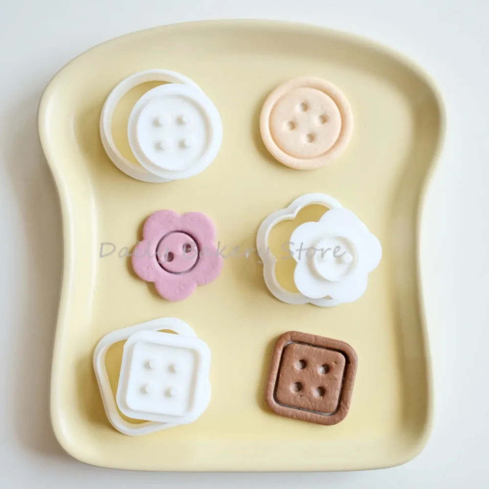 3pcs Cartoon Button Shaped Cookie Mold Flower Round Square Fondant Frosting Cookie Embossing Mold Baking Cake Decorating Tools