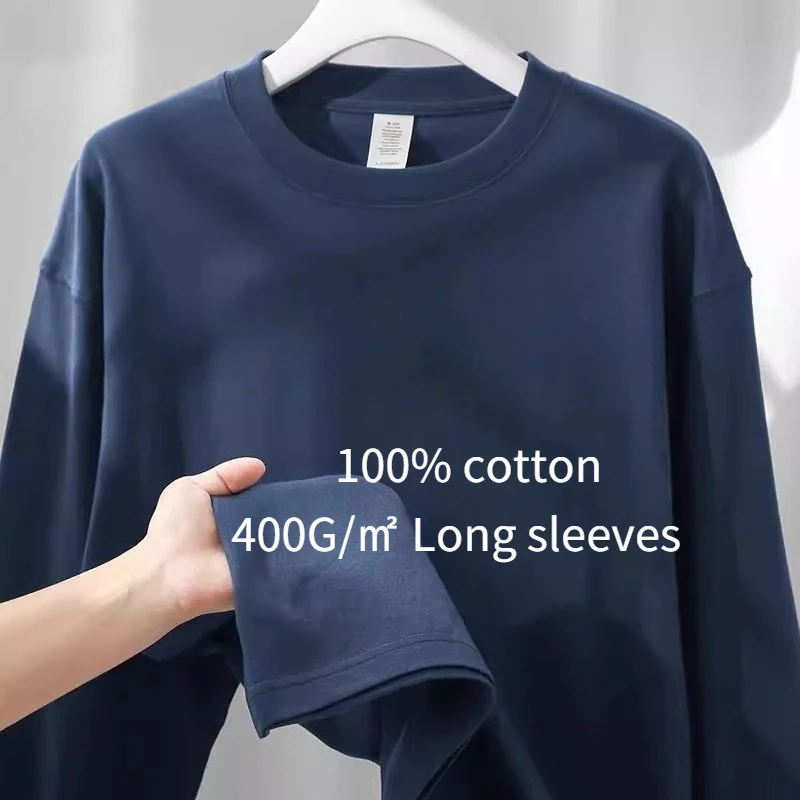Heavy 400g Pure Cotton with Solid Color Long-sleeved T-shirt Men's American Xinjiang Cotton Loose Sweater Bottoming Shirt